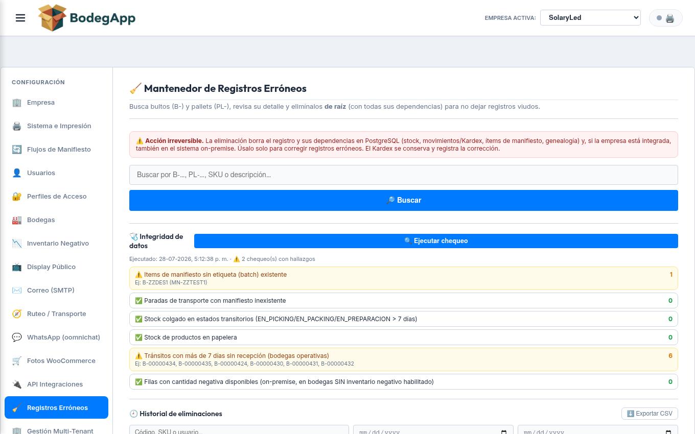 Integridad de Datos: panel de salud con los chequeos automáticos y sus hallazgos.