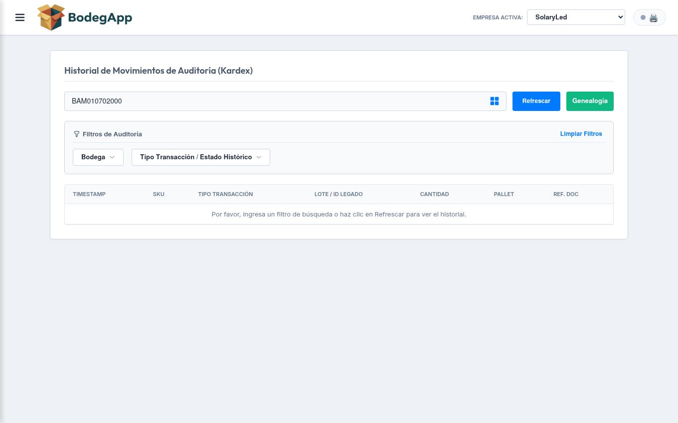 Kardex: historial completo de movimientos de un SKU con origen, destino, usuario y documento.