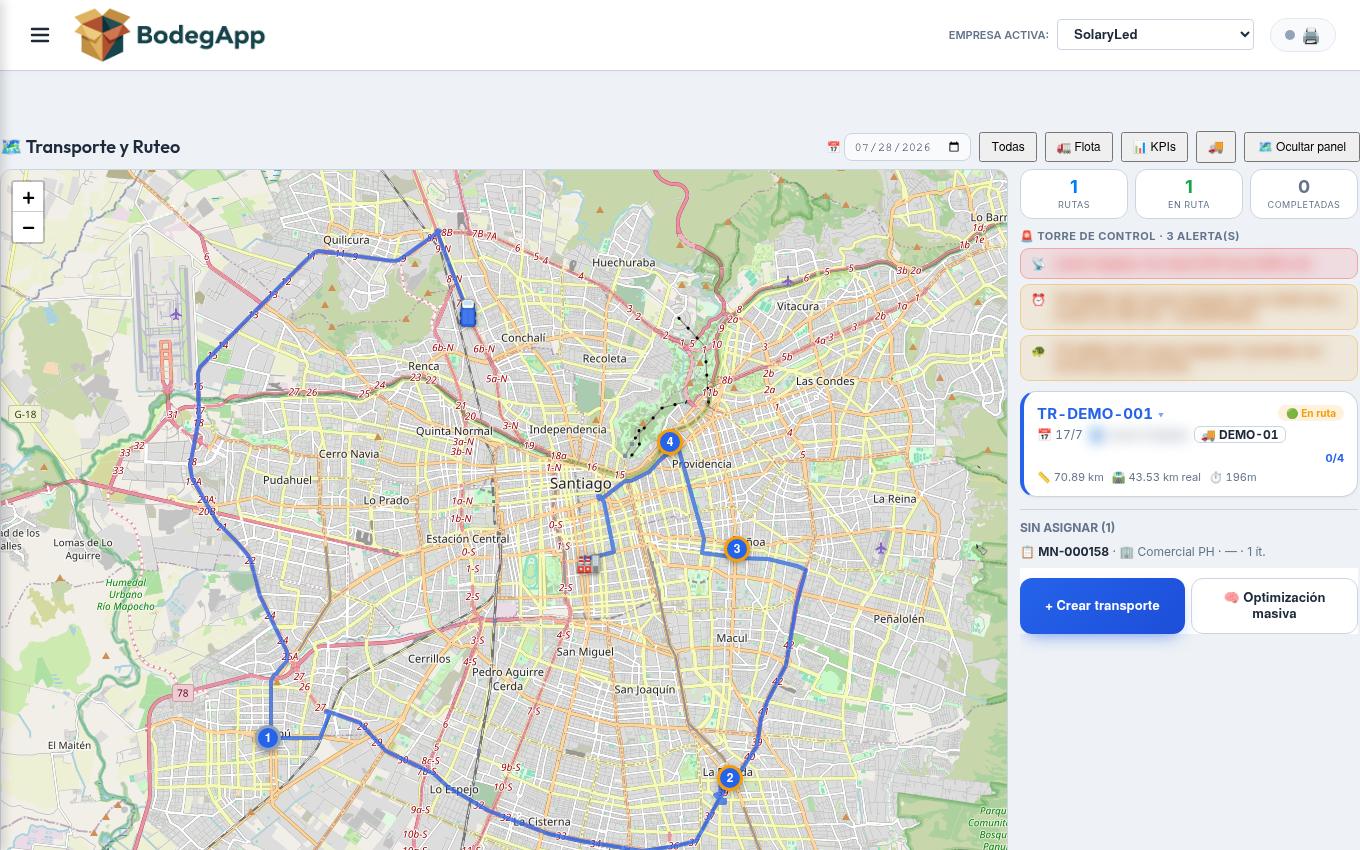 Transporte y Ruteo: mapa vivo con rutas, paradas y torre de control con alertas.